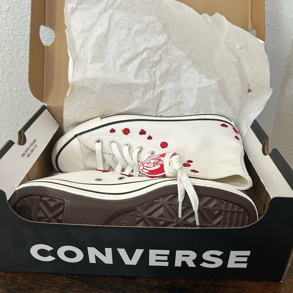 Converse Women’s White High-Top Sneakers with Red Flowers
